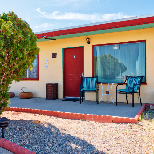 Outdoor patio and desert views at Harmony Motel in Twentynine Palms